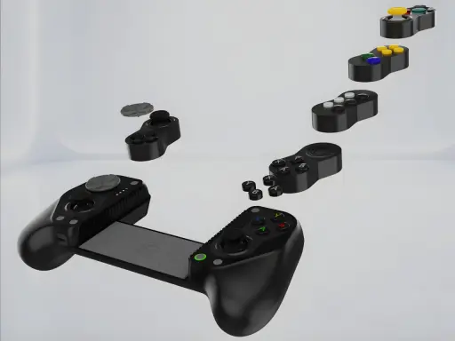 Exploderad mobilspelkontroll, som visar hur gamla spel på mobilen kan spelas med moderna tillbehör.