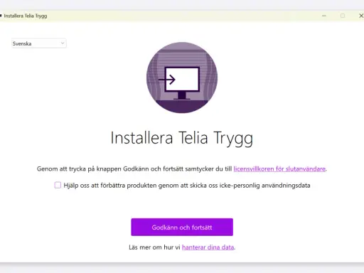 Installerar Telia Trygg. Välj språk och godkänn villkoren för att fortsätta installationen av telia appen.