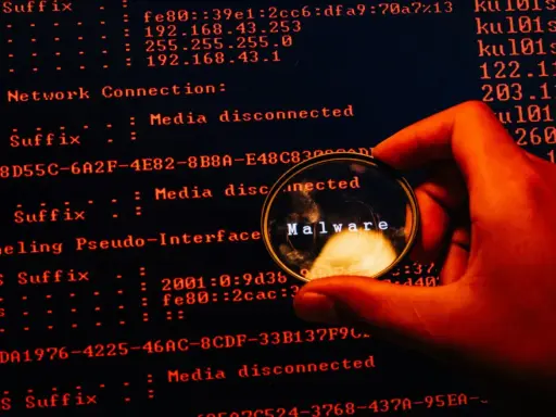 En hand håller ett förstoringsglas över en datorskärm. Förstoringsglaset visar ordet "Malware", vilket indikerar skadlig kod som döljer sig i systemets loggar.