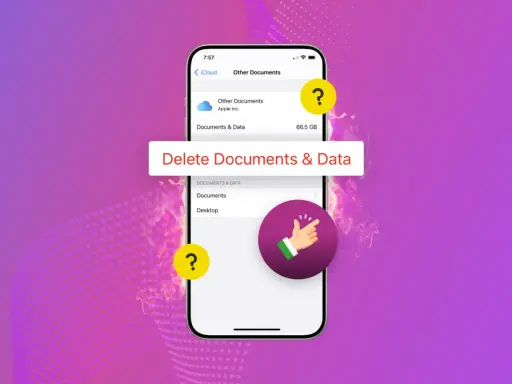 Rensa filer på iPhone. En skärmbild visar hur du tar bort dokument och data från iCloud.