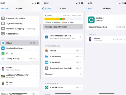 Inställningar för iCloud på iPhone. Här kan du hantera lagring, appar som använder iCloud och säkerhetskopior. För att radera sms iPhone, gå till "Hantera lagring" och välj sedan "Foton" eller "Meddelanden".