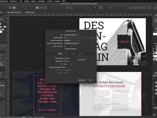 Affinity Publisher-fönstret visar inställningar för ett nytt dokument, med sidstorlek A4 och 297 mm bredd.