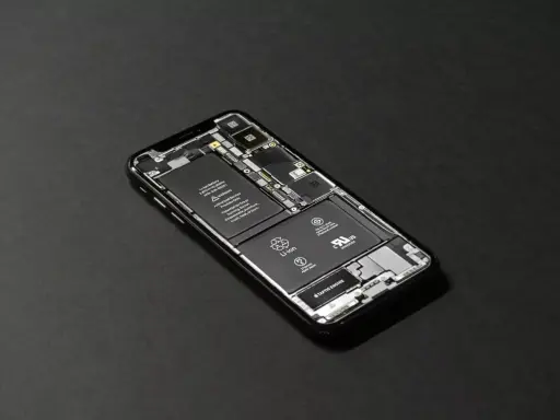 En isärplockad iPhone visar batteri och Taptic Engine. Justering av ljusstyrka iPhone kan påverka batteritiden.