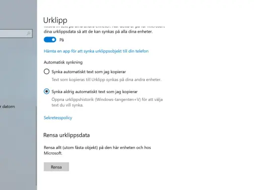 Windows inställningar för Urklipp. Här kan du aktivera synkronisering av urklippsobjekt mellan enheter.