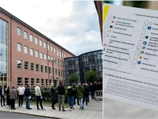 Valdeltagande utanför en röd tegelbyggnad, med en valsedel i förgrunden. Ring 073 telefonnummer för mer information.