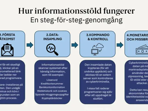 Diagram visar hur dataintrång sker: först åtkomst, sedan datainsamling, kommando & kontroll, och slutligen monetarisering. Detta kan leda till identitetsstöld för privatpersoner.