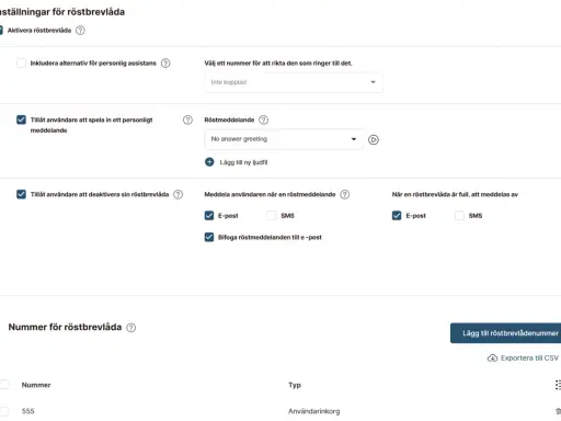 Inställningar för Comviq telefonsvarare: aktivera, personliga meddelanden, röstmeddelanden och aviseringar via e-post.