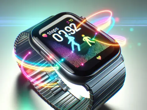 En Apple Watch med färgglada ljusstrålar som virvlar runt. Skärmen visar stegräknare och löpande figurer. Perfekt för dig som vill hitta din nya träningskompis.