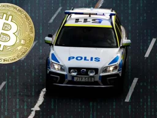 Polisbil på väg, med en bitcoin-symbol och digital kod som antyder en bitcoin sverige bluff.