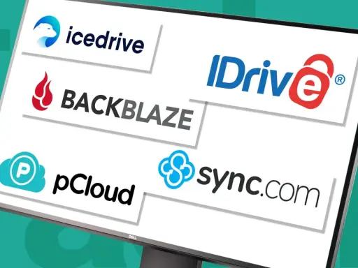 Skärm visar logotyper för molnlagringstjänster: Icedrive, IDrive, Backblaze, pCloud och Sync.com.