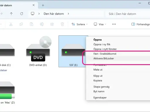Aktivera BitLocker för att kryptera USB-minne eller annan enhet. Säkerhetskopiera dina filer.