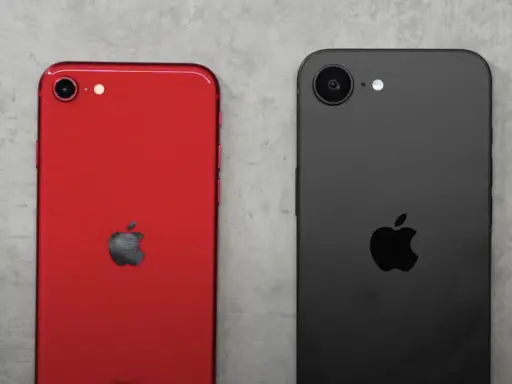 Två iPhones, en röd och en svart, ligger sida vid sida. Den röda har ett Apple-märke och en kamera. Den svarta har också ett Apple-märke och en kamera. Kanske en iPhone SE 4?