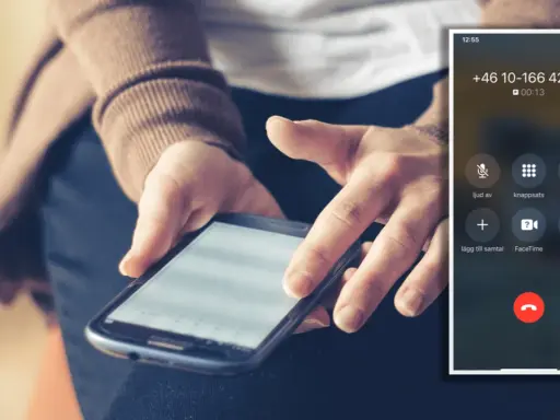 Person håller en mobiltelefon med en aktiv telefonsamtalsskärm. Skärmen visar nummer och alternativ för att hantera samtalet, som hur ringer man dolt.
