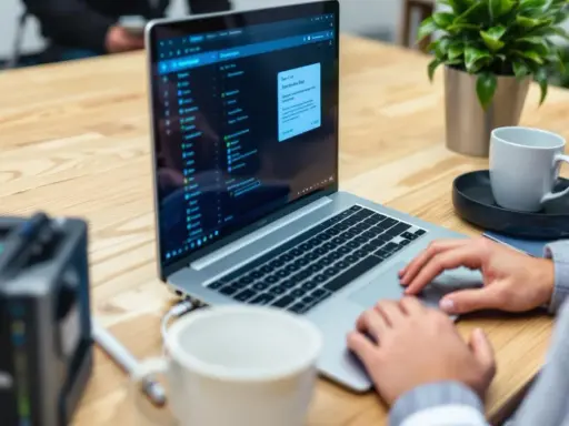 Person arbetar vid en laptop på ett träbord. En kaffekopp och en växt står bredvid. Dags att rensa datorn helt.
