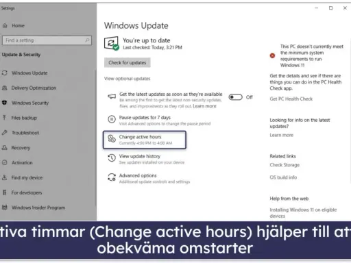 Inställningar för uppdateringar Windows 10 visar hur du ändrar aktiva timmar för att undvika omstarter.