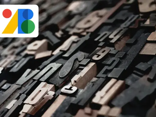 En samling av gamla typsnitt i trä och metall, redo att testa typsnitt. Google B-logotypen syns i övre vänstra hörnet.
