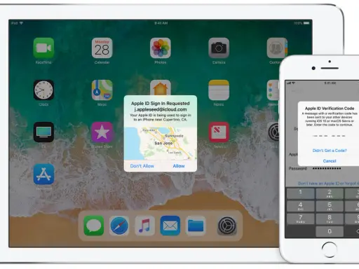 Tvåfaktorsautentisering iPhone: En begäran om inloggning på Apple ID visas på en iPad, medan en iPhone visar en verifieringskod för att fortsätta.