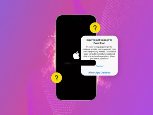 iPhone visar felmeddelande om otillräckligt utrymme för en iOS-uppdatering, som erbjuder att radera appar.