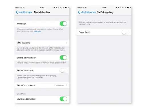Inställningar för att skicka sms från datorn via SMS-koppling. Aktivera SMS-koppling för att skicka och ta emot meddelanden på andra enheter.