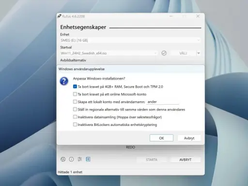Rufus-fönster som anpassar installationen av Windows 10 eller 11, tar bort krav på RAM, Secure Boot och TPM.
