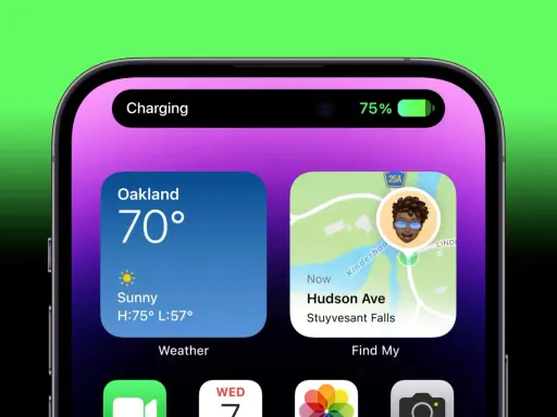 iPhone visar optimerad batteriladdning, 75% laddat. Vädret i Oakland är 70 grader och soligt.