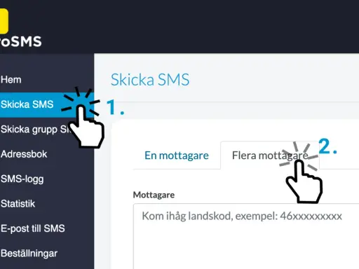 Här visas hur du kan skicka SMS till flera samtidigt. Klicka på "Flera mottagare" för att välja fler mottagare.