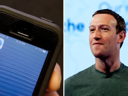 En närbild på en iPhone med Messenger-appen öppen, bredvid ett porträtt av Mark Zuckerberg. Kanske han funderar på hur man kan återkalla meddelande messenger.