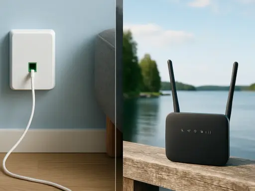 Välj mellan fiber eller mobilt bredband. En vit dosa med kabel i väggen till vänster, en svart router med antenner vid en sjö till höger.