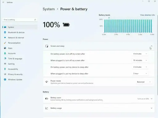 Windows 11 kontrollpanelen visar inställningar för ström och batteri, inklusive skärm- och vilotider samt batterisparläge.
