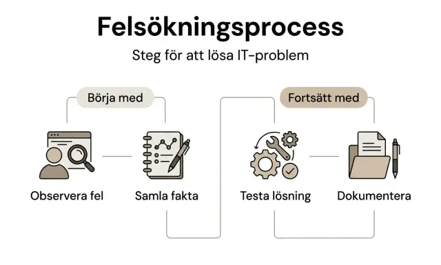 Felsökningsprocess: Observera fel, samla fakta, testa lösning, dokumentera. Perfekt när datorn startar inte.