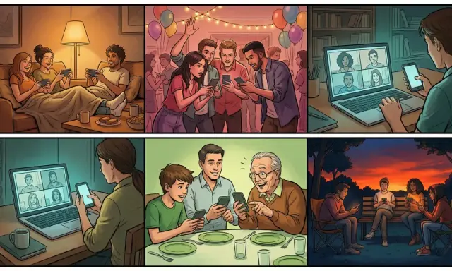 Vänner och familj njuter av roliga spel på mobilen, både tillsammans och på distans.