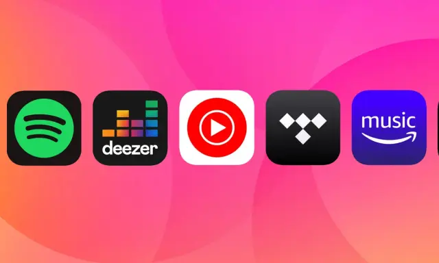 Ikoner för musikappar som Spotify, Deezer, YouTube Music, Tidal och Amazon Music. Vilken tjänst vinner i en deezer vs spotify-strid?