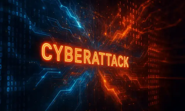 Glödande text "CYBERATTACK" mot en bakgrund av binär kod och kretskort. Detta illustrerar vad som kan hända vid en cyberattack.
