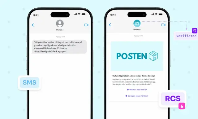 Två mobilskärmar visar meddelanden från "Posten". SMS-meddelandet varnar för en bluff-faktura och en länk. RCS-meddelandet ser äkta ut, men kan vara en del av bluffen.