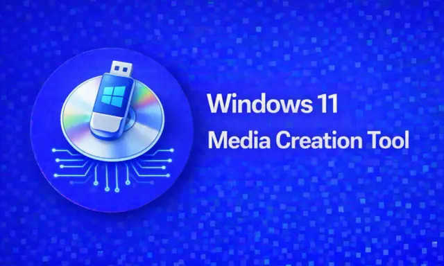 Windows 11 Media Creation Tool med en USB-stick med Windows-logotypen ovanpå en CD.