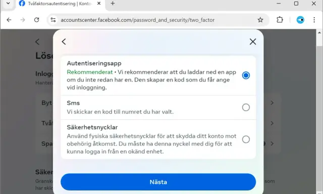 Välj metod för **2 stegsverifiering**: autentiseringsapp, SMS eller säkerhetsnyckel.