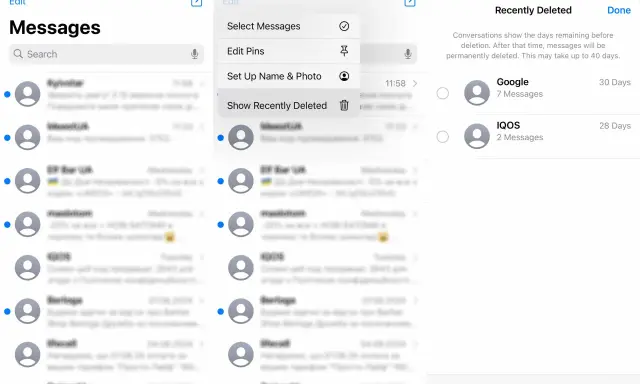 Visar hur man hittar raderade sms på iPhone. Konversationer finns kvar i 30 dagar innan de raderas permanent.