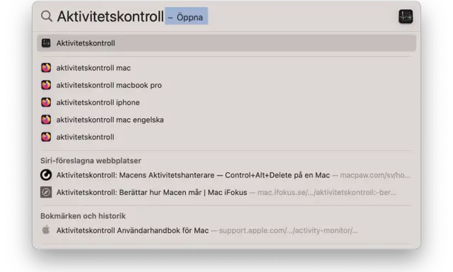 Sökresultat för Aktivitetskontroll på Mac. Visar appen, relaterade sökningar och webbplatser.