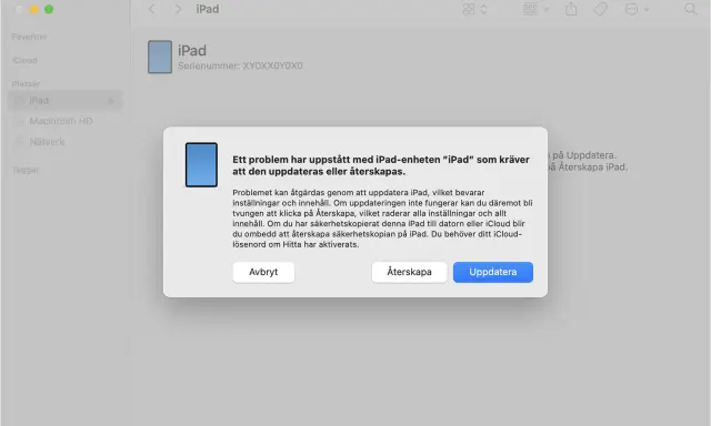 Ett felmeddelande visas för en iPad som inte startar. Det föreslås att uppdatera eller återskapa enheten.