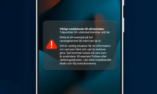 Varning! SE-Alert visar hur ditt hem vill skicka viktiga varningar till dig. Ett exempel på ett varningsmeddelande.