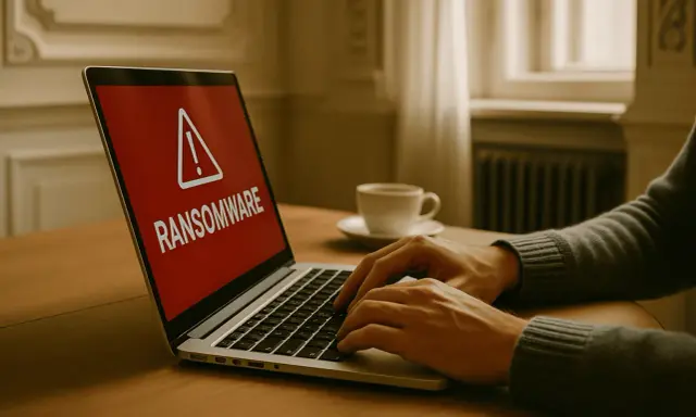 En varning om ransomware visas på en laptop. En person skriver på tangentbordet, en kaffekopp står bredvid.