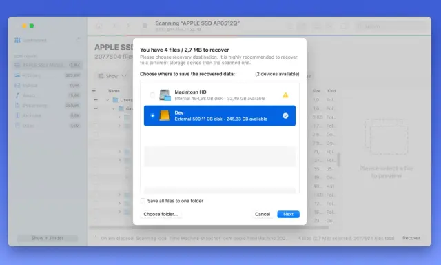 Återställ 4 filer på Mac. Välj destination för att återställa data, t.ex. "Dev" för att visa dolda filer mac.