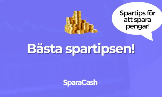 Bästa spartipsen! En pratbubbla säger "Spartips för att spara pengar!". En hög med guldpengar syns ovanför texten. Perfekt för dig som vill byta dator och spara pengar.