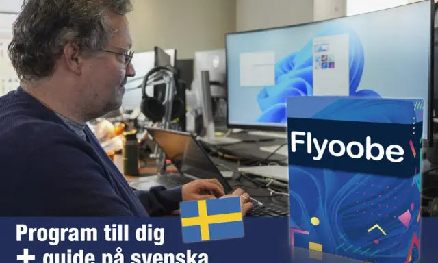 Man vid datorn, redo att uppdatera till Windows 11 med program och guide på svenska.