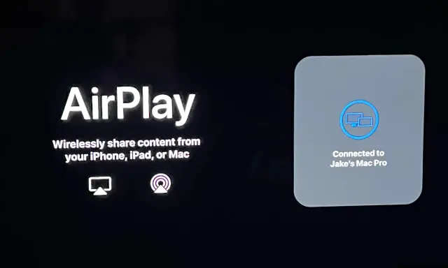 AirPlay-ikonen visas, men det verkar som att airplay funkar inte. Enheten är ansluten till Jake's Mac Pro.