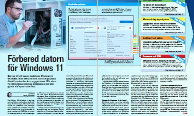 Man förbereder en dator för Windows 11. Artikeln listar systemkrav för Windows 11 och hur man kontrollerar sin dator.
