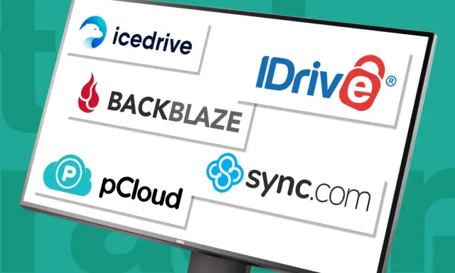 Logotyper för molntjänster som Icedrive, Backblaze, IDrive, pCloud och Sync.com. Perfekt för att spara bilder i molnet.