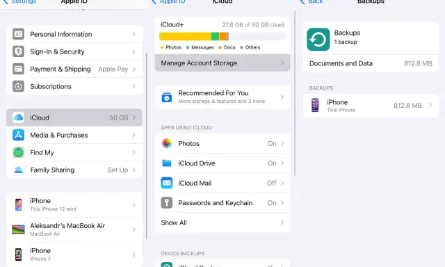 Inställningar för iCloud på iPhone. Här kan du hantera lagring, appar som använder iCloud och säkerhetskopior. För att radera sms iPhone, gå till "Hantera lagring" och välj sedan "Foton" eller "Meddelanden".