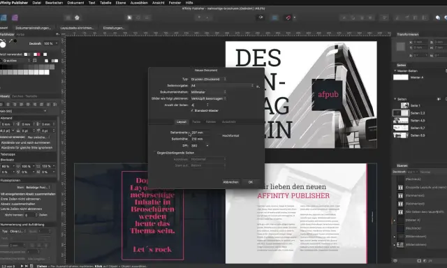 Affinity Publisher-fönstret visar inställningar för ett nytt dokument, med sidstorlek A4 och 297 mm bredd.