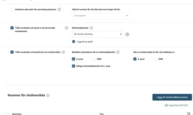 Inställningar för Comviq telefonsvarare: aktivera, personliga meddelanden, röstmeddelanden och aviseringar via e-post.